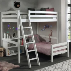 Chambre Enfant 3 Pièces Lit Mezzanine Lit Simple Et Bibliothèque Pin Massif Blanc Pino 90/140x200 Cm