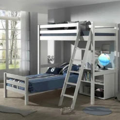 Chambre Enfant 3 Pièces Lit Mezzanine Lit Simple Et Bibliothèque Pin Massif Blanc Pino 90x200 Cm