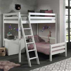 Chambre Enfant 3 Pièces Lit Mezzanine Lit Simple Et Commode 2 Portes Pin Massif Blanc Pino 90/140x200 Cm
