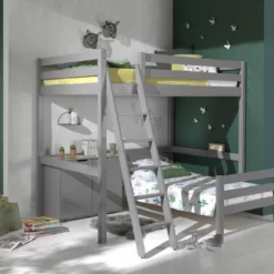 Chambre Enfant 3 Pièces Lit Mezzanine Lit Simple Et Commode 2 Portes Pin Massif Gris Pino 90/140x200 Cm