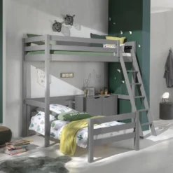 Chambre Enfant 3 Pièces Lit Mezzanine Lit Simple Et Commode 2 Portes Pin Massif Gris Pino 90x200 Cm