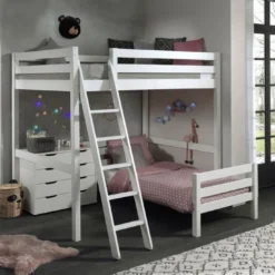 Chambre Enfant 3 Pièces Lit Mezzanine Lit Simple Et Commode 4 Tiroirs Pin Massif Blanc Pino 90/140x200 Cm