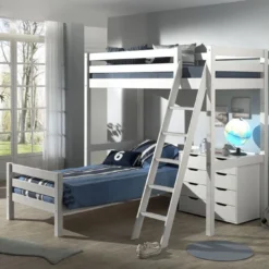 Chambre Enfant 3 Pièces Lit Mezzanine Lit Simple Et Commode 4 Tiroirs Pin Massif Blanc Pino 90x200 Cm