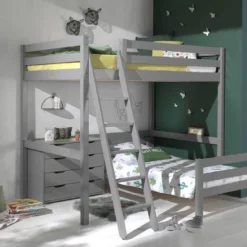 Chambre Enfant 3 Pièces Lit Mezzanine Lit Simple Et Commode 4 Tiroirs Pin Massif Gris Pino 90/140x200 Cm