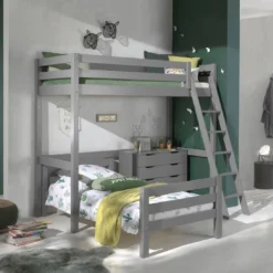 Chambre Enfant 3 Pièces Lit Mezzanine Lit Simple Et Commode 4 Tiroirs Pin Massif Gris Pino 90x200 Cm