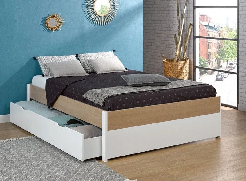 Lit 140x200 Cm Bois Blanc Et Chêne Clair Nomade 5 Lit 140x200 Cm Bois Blanc Et Chêne Clair Nomade – Image 3