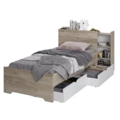 Lit 90x200 Avec 2 Tiroirs - Décor Chene Et Blanc - L 99,2 X P 223,7 X H 90 Cm - AUSTIN