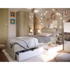 Lit 90x200 Avec 2 Tiroirs - Décor Chene Et Blanc - L 99,2 X P 223,7 X H 90 Cm - AUSTIN -Repose Lit Soldes Boutique lit 90x200 avec 2 tiroirs decor chene et blanc l 99 2 x p 223 7 x h 90 cm austin 8434391010393 454179