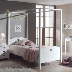 Lit à Baldaquin 90x200 Cm Avec Sommier Bois Laqué Blanc Cœur