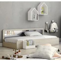 Lit Bois Clair Sans Pieds Avec Dossier Et Miroir 70x140