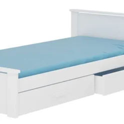 Lit Bois Pin Blanc 90x200 Cm Avec 1 Chevet Et 2 Tiroirs De Rangement Lydia