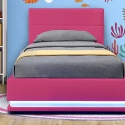 Lit Coffre Enfant à LED Simili Cuir Rose Arial 90x190 Cm