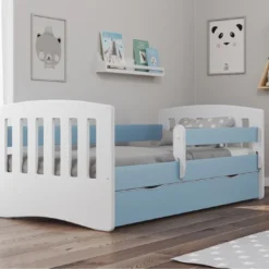 Lit Enfant Avec Barrière De Sécurité Amovible Bleu Klaky