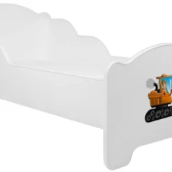 Lit Enfant Bois Blanc Impression Pelleteuse 70x140 Ou 80x160 Cm - Sommier Et Matelas Inclus - Madale