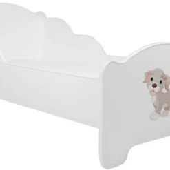 Lit Enfant Bois Blanc Impression Petit Chien 70x140 Ou 80x160 Cm - Sommier Et Matelas Inclus - Madale