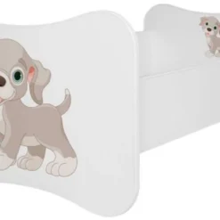 Lit Enfant Bois Blanc Imprimé Petit Chien 70x140 Ou 80x160 Cm - Sommier Et Matelas Inclus - Ondula