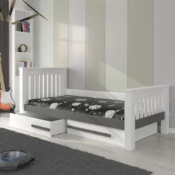 Lit Enfant Bois Pin Blanc Et Gris Graphite 90x200 Cm Avec 2 Tiroirs De Rangement Rallye -Repose Lit Soldes Boutique lit enfant bois pin blanc 90x200 cm avec 2 tiroirs de rangement rallye 3666722947541 1509102
