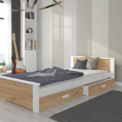 Lit Enfant Bois Pin Blanc Et Bois Oak 90x200 Cm Avec 2 Tiroirs De Rangement Lydia -Repose Lit Soldes Boutique lit enfant bois pin blanc et bois oak 90x200 cm avec 2 tiroirs de rangement lydia 3666722946964 1508869