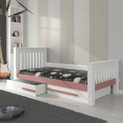 Lit Enfant Bois Pin Blanc Et Rose 90x200 Cm Avec 2 Tiroirs De Rangement Rallye -Repose Lit Soldes Boutique lit enfant bois pin blanc et rose 90x200 cm avec 2 tiroirs de rangement rallye 3666722946971 1509106