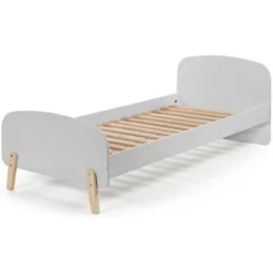 Lit Enfant 90x200 Cm Bois Gris Brillant Et Pieds Pin Massif Clair Kiddy