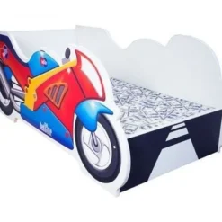 Lit Enfant Moto Bois Mélaminé Rouge Et Bleu 70x140 Cm