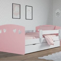 Lit Fille Orné De Cœurs Avec Barrière De Sécurité Amovible Rose Myra