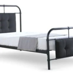 Lit Métal Noir Et Tête De Lit Capitonnée Tissu Gris Diana 90