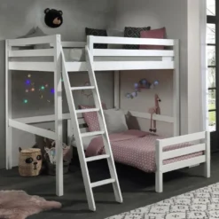 Lit Mezzanine 140x200 Cm Et Lit Simple 90x200 Cm Pin Massif Blanc Pino