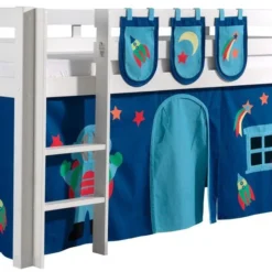 Lit Mezzanine 90x200 Cm Avec Tente Et 3 Pochettes Astra Pin Massif Blanc Pino