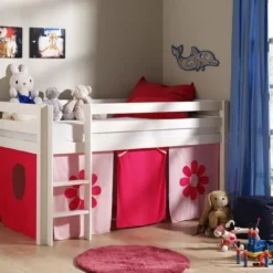 Lit Mezzanine 90x200 Cm Avec Tente Fleur Pin Massif Blanc Pino -Repose Lit Soldes Boutique lit mezzanine 90x200 cm avec tente fleur pin massif blanc pino 5420070212380 270722