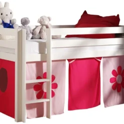 Lit Mezzanine 90x200 Cm Avec Tente Fleur Pin Massif Blanc Pino