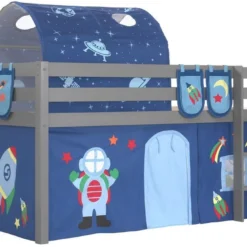 Lit Mezzanine 90x200 Cm Avec Tente Tunnel Et 3 Pochettes Astra Pin Massif Gris Pino