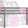Lit Mezzanine 90x200 Cm Avec Tente Tunnel Et 3 Pochettes Contra Pin Massif Gris Pino