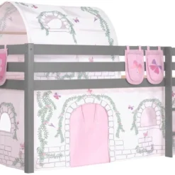 Lit Mezzanine 90x200 Cm Avec Tente Tunnel Et 3 Pochettes Contra Pin Massif Gris Pino