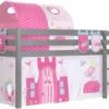 Lit Mezzanine 90x200 Cm Avec Tente Tunnel Et 3 Pochettes Princesse Pin Massif Gris Pino