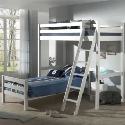 Lit Mezzanine 90x200 Cm Et Lit Simple 90x200 Cm Pin Massif Blanc Pino