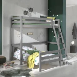 Lit Mezzanine 90x200 Cm Et Lit Simple 90x200 Cm Pin Massif Gris Pino