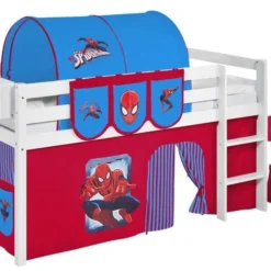 Lit Mezzanine Blanc Avec Rideau Spiderman 90x190 Cm