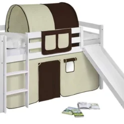 Lit Mezzanine Blanc Avec Toboggan Et Rideau Beige Et Marron 90x190 Cm