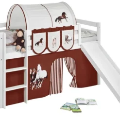 Lit Mezzanine Blanc Avec Toboggan Et Rideau Beige Et Marron Chevaux 90x190 Cm