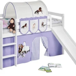 Lit Mezzanine Blanc Avec Toboggan Et Rideau Beige Et Parme Chevaux 90x190 Cm