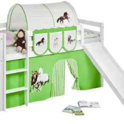 Lit Mezzanine Blanc Avec Toboggan Et Rideau Beige Et Vert Chevaux 90x190 Cm