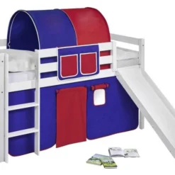 Lit Mezzanine Blanc Avec Toboggan Et Rideau Bleu Et Rouge 90x190 Cm