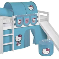 Lit Mezzanine Blanc Avec Toboggan Et Rideau Bleu Hello Kitty 90x190 Cm