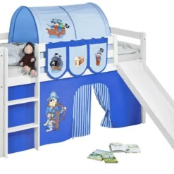 Lit Mezzanine Blanc Avec Toboggan Et Rideau Bleu Pirate 90x190 Cm