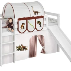 STAR WARS Lit Mezzanine Blanc Avec Toboggan Et Rideau Dinosaures Marron Et Beige 90x190 Cm