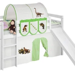 Lit Mezzanine Blanc Avec Toboggan Et Rideau Dinosaures Vert Et Beige 90x200 Cm