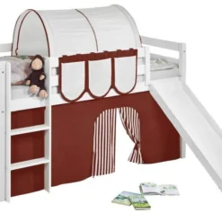 Lit Mezzanine Blanc Avec Toboggan Et Rideau Marron 90x190 Cm
