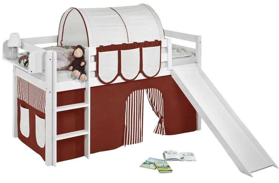 Lit Mezzanine Blanc Avec Toboggan Et Rideau Marron 90x190 Cm 3 Lit Mezzanine Blanc Avec Toboggan Et Rideau Marron 90x190 Cm