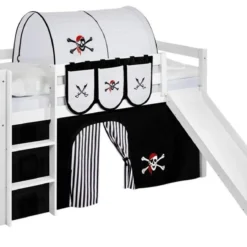 Lit Mezzanine Blanc Avec Toboggan Et Rideau Noir Pirate 90x190 Cm